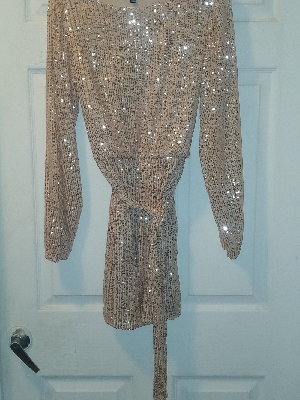 Long Sleeve Sequin Tie-Waist Dress - Champagne